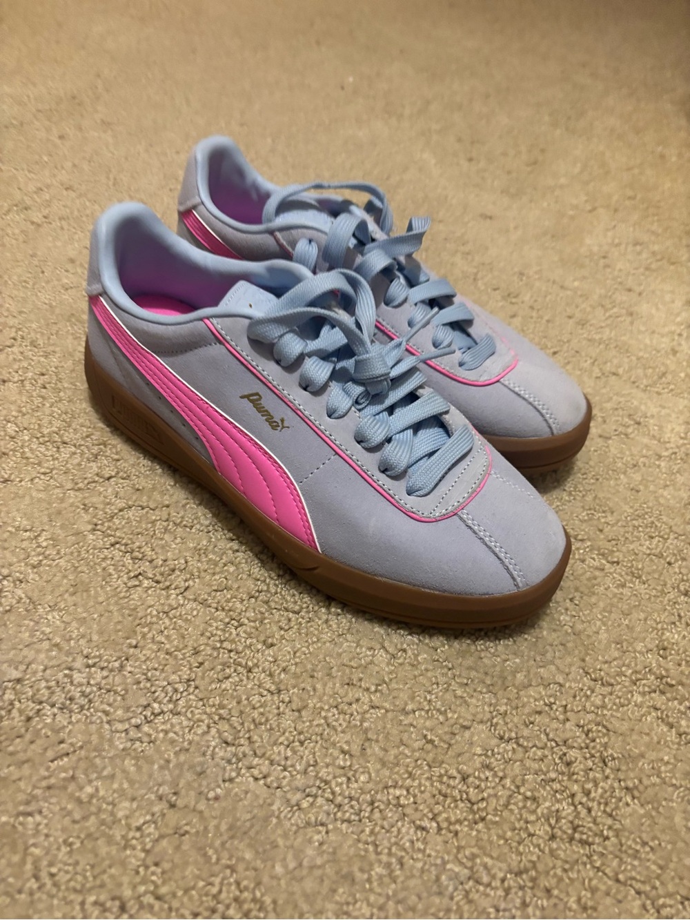 Puma Women's Light Blue Suede Sneakers with Pink Stripe